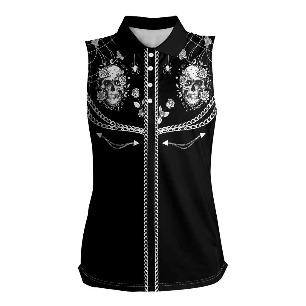 Western Gothic Yoke Women Sleeveless Polo Shirt Skull Rose With Spider - Wonder Print Shop