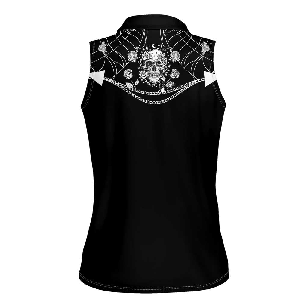 Western Gothic Yoke Women Sleeveless Polo Shirt Skull Rose With Spider - Wonder Print Shop