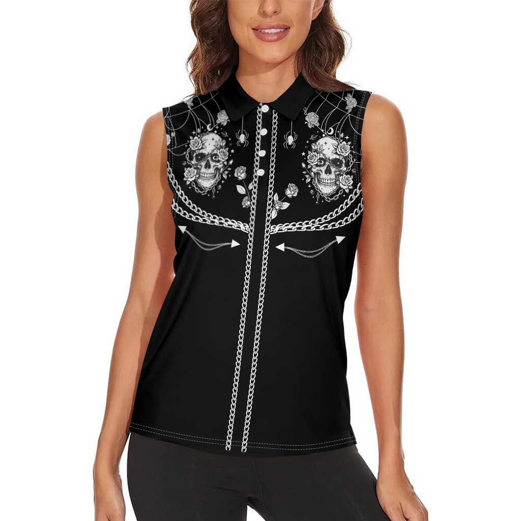 Western Gothic Yoke Women Sleeveless Polo Shirt Skull Rose With Spider - Wonder Print Shop