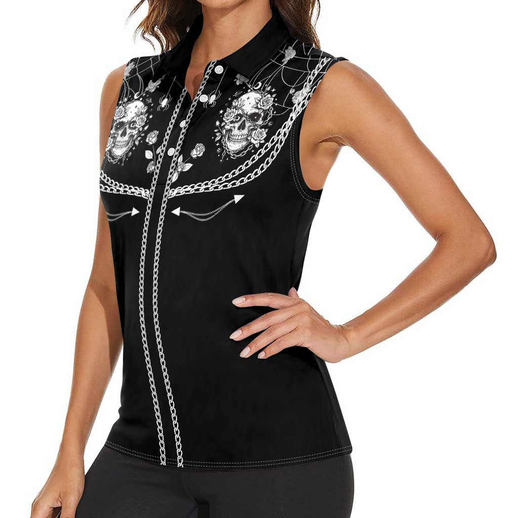 Western Gothic Yoke Women Sleeveless Polo Shirt Skull Rose With Spider - Wonder Print Shop
