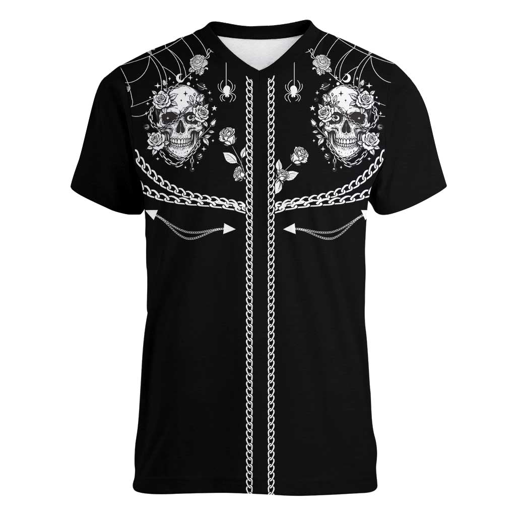 Western Gothic Yoke Women V-Neck T-Shirt Skull Rose With Spider - Wonder Print Shop