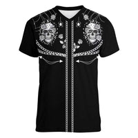 Western Gothic Yoke Women V-Neck T-Shirt Skull Rose With Spider - Wonder Print Shop