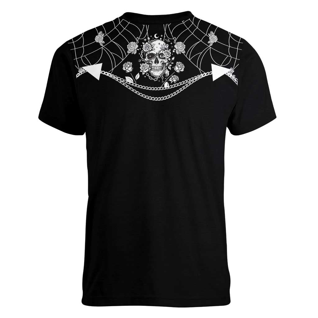 Western Gothic Yoke Women V-Neck T-Shirt Skull Rose With Spider - Wonder Print Shop