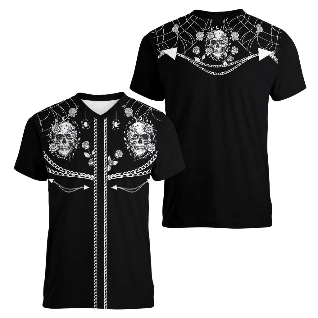 Western Gothic Yoke Women V-Neck T-Shirt Skull Rose With Spider - Wonder Print Shop