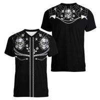 Western Gothic Yoke Women V-Neck T-Shirt Skull Rose With Spider - Wonder Print Shop