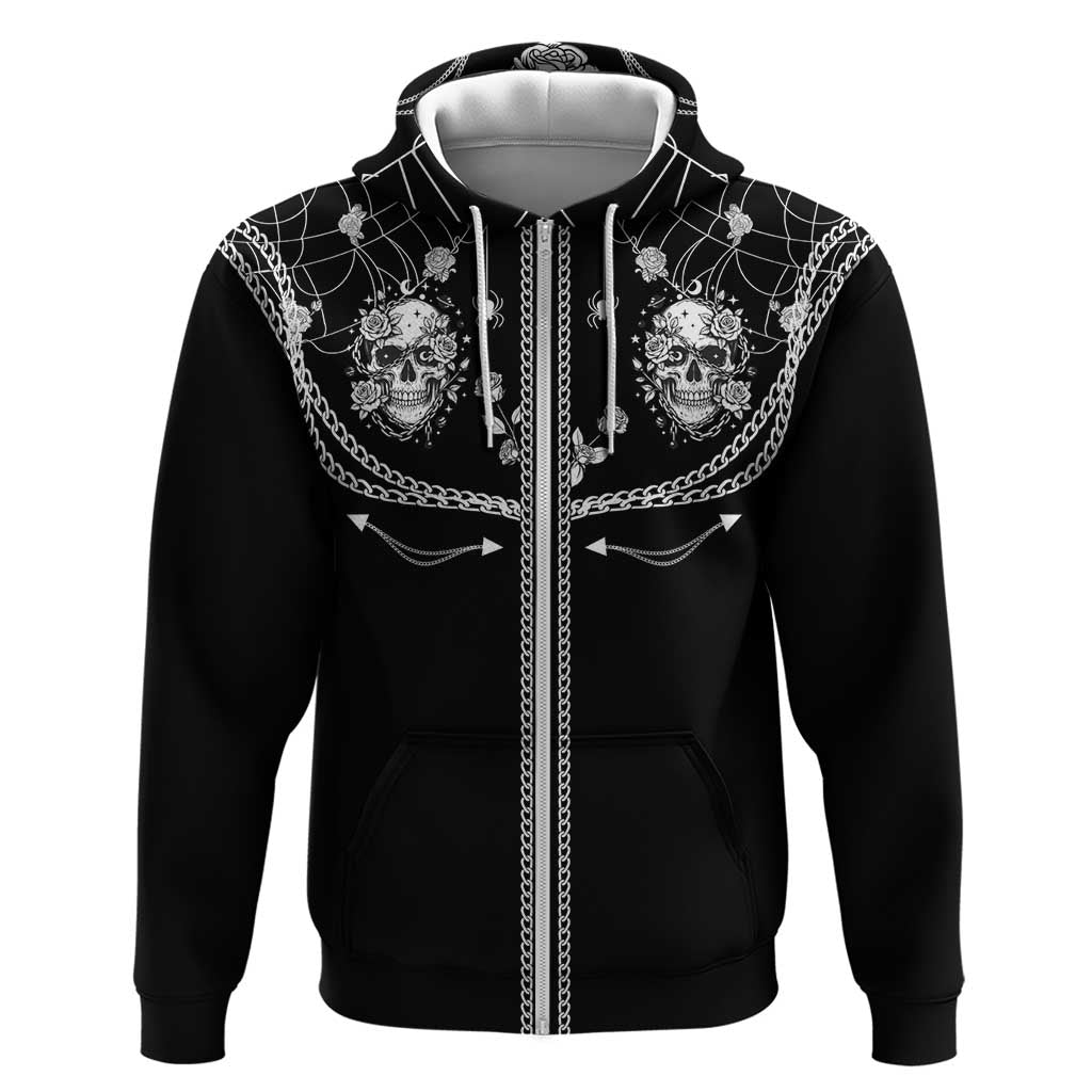 Western Gothic Yoke Zip Hoodie Skull Rose With Spider - Wonder Print Shop