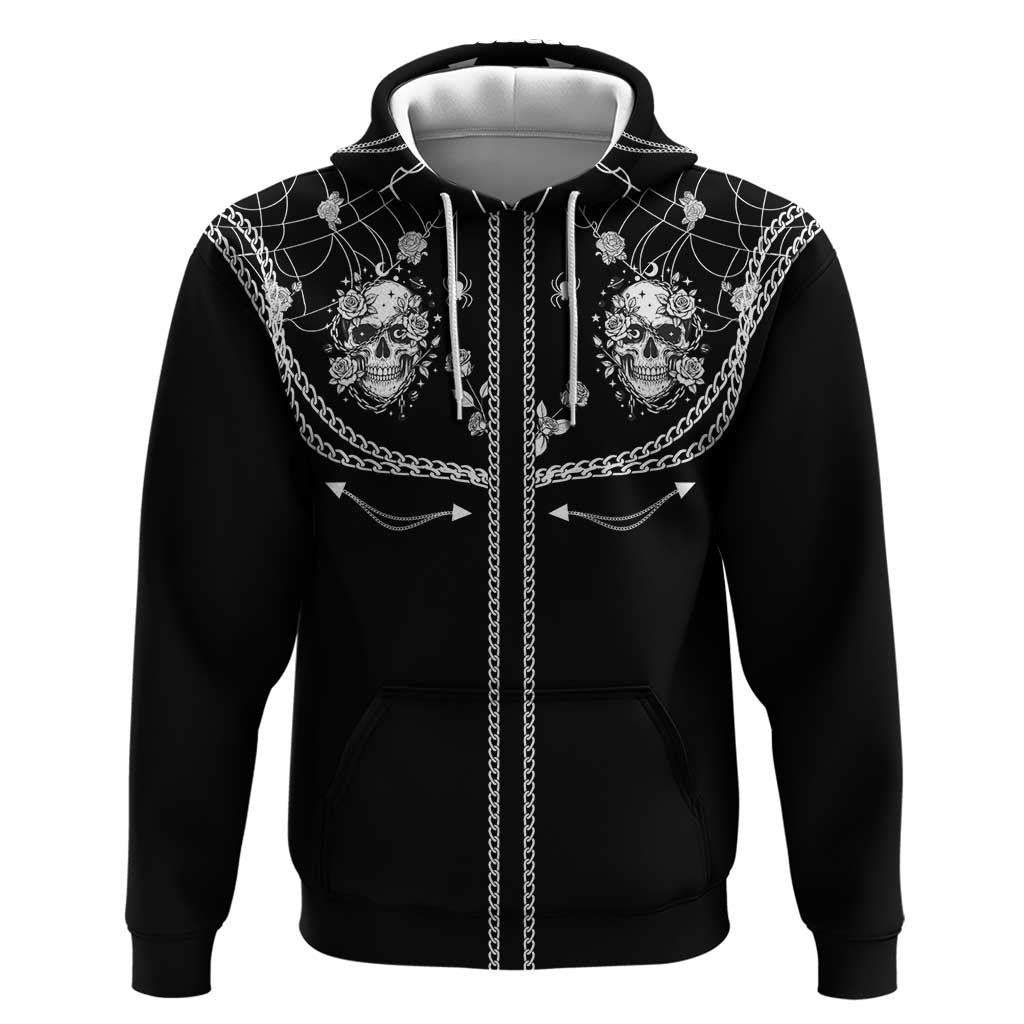 Western Gothic Yoke Zip Hoodie Skull Rose With Spider - Wonder Print Shop
