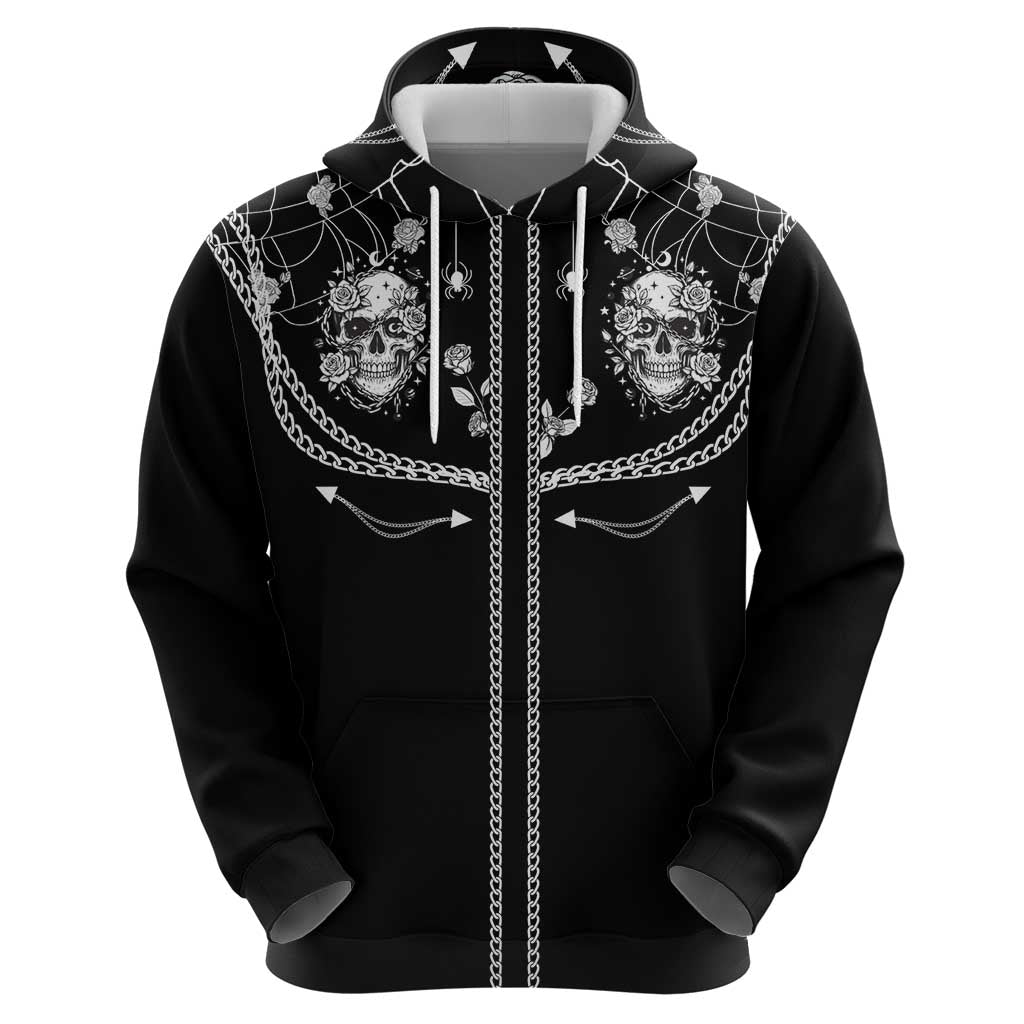 Western Gothic Yoke Zip Hoodie Skull Rose With Spider - Wonder Print Shop