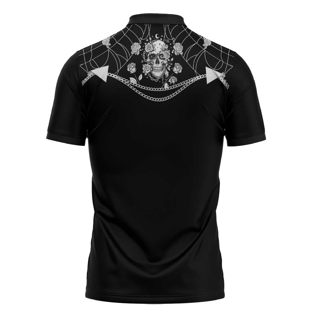 Western Gothic Yoke Zipper Polo Shirt Skull Rose With Spider - Wonder Print Shop