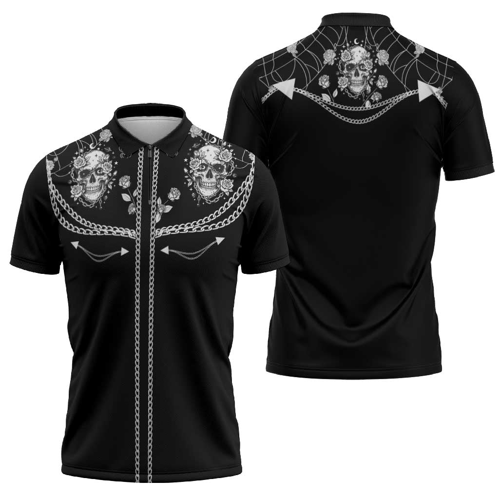 Western Gothic Yoke Zipper Polo Shirt Skull Rose With Spider - Wonder Print Shop