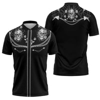 Western Gothic Yoke Zipper Polo Shirt Skull Rose With Spider - Wonder Print Shop