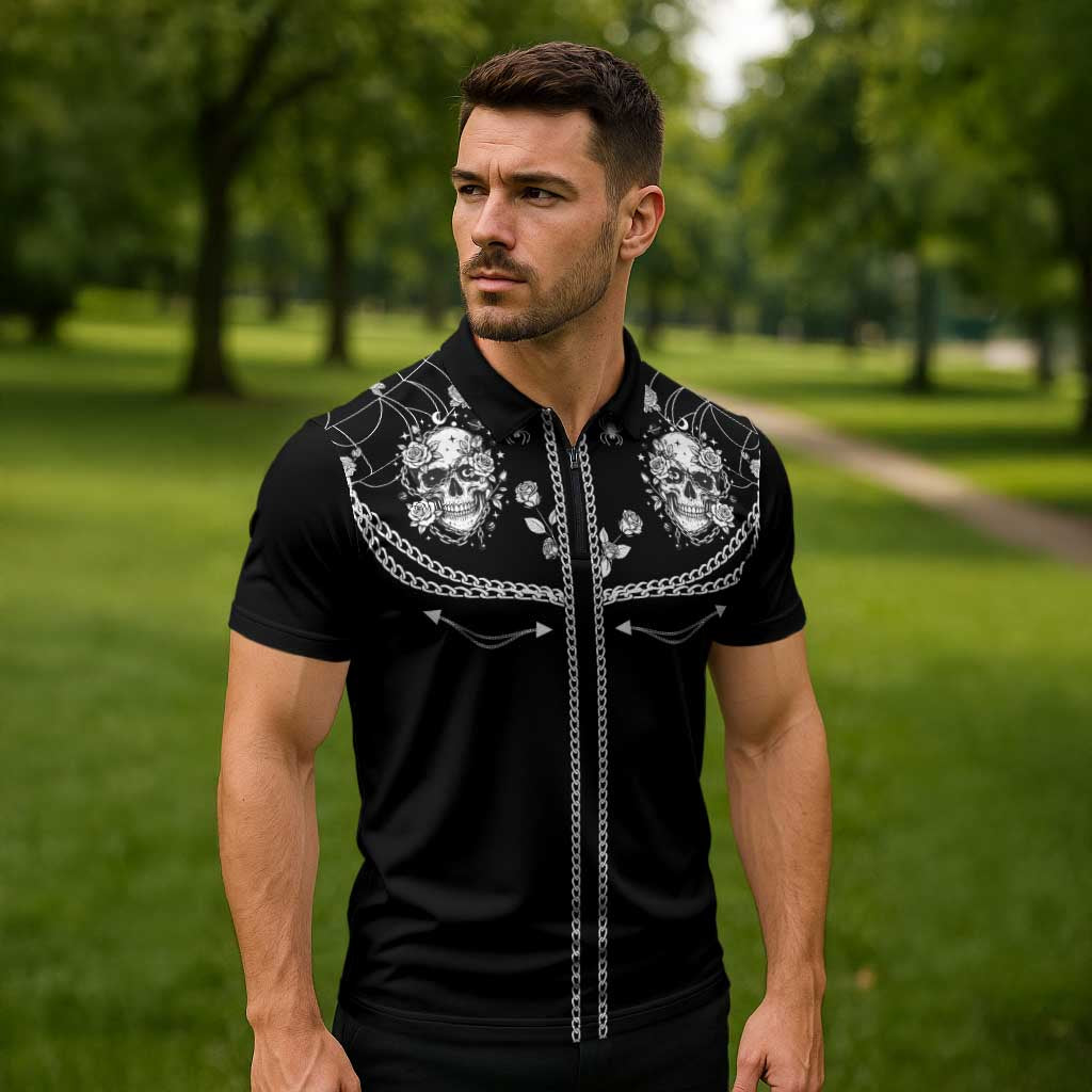 Western Gothic Yoke Zipper Polo Shirt Skull Rose With Spider - Wonder Print Shop