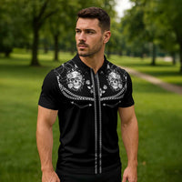 Western Gothic Yoke Zipper Polo Shirt Skull Rose With Spider - Wonder Print Shop