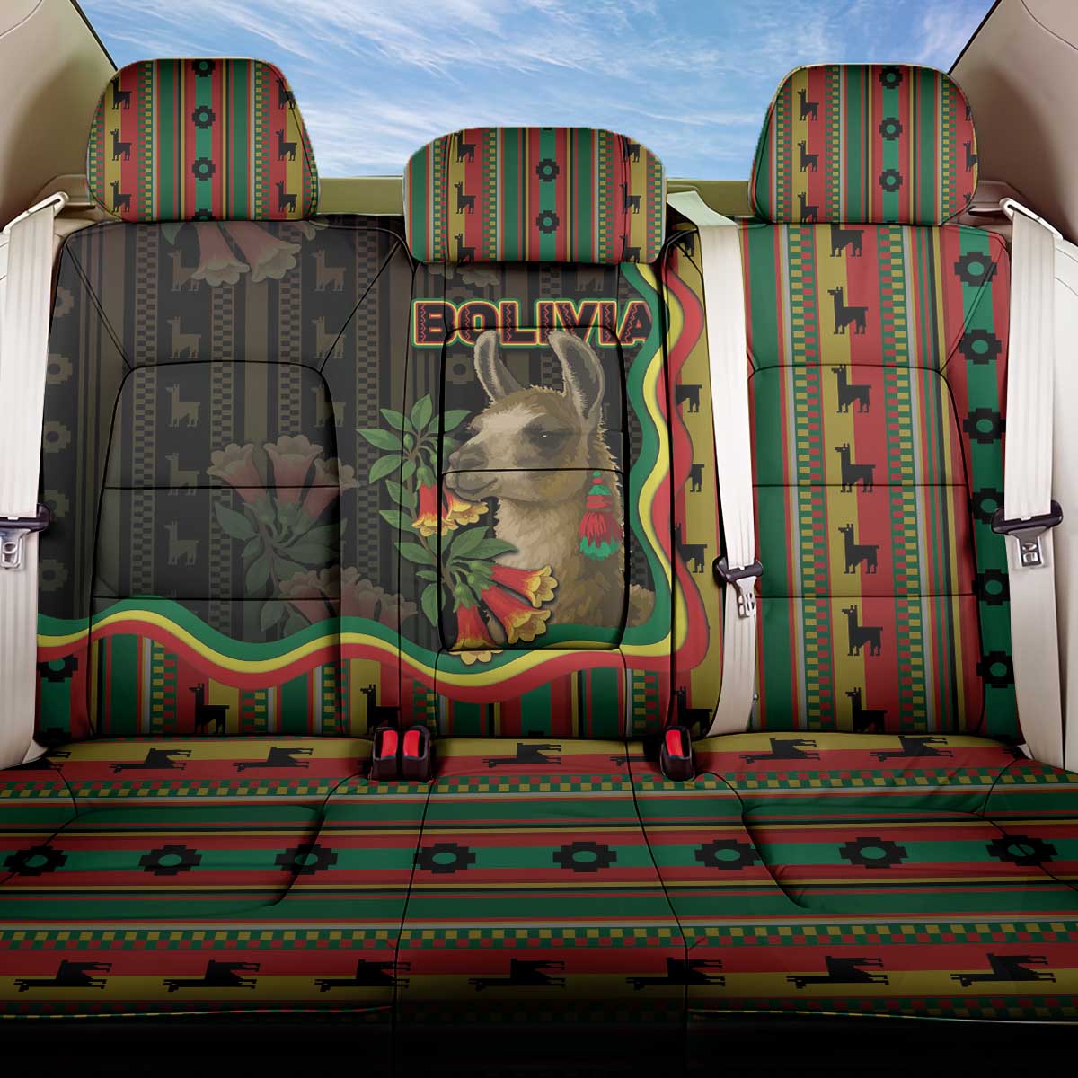 Bolivia Back Car Seat Cover The Llama With Kantuta Over Andean Patterns - Wonder Print Shop