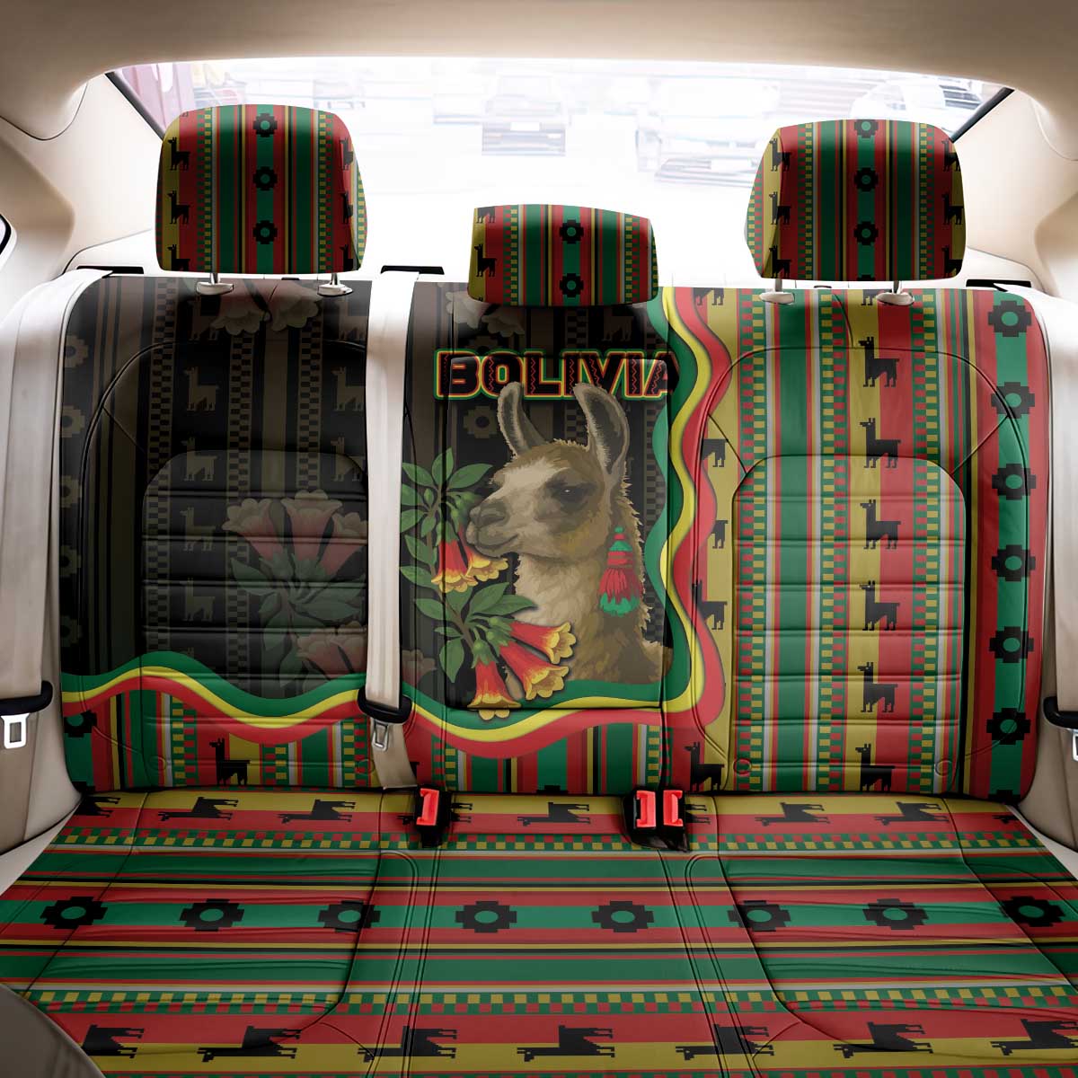 Bolivia Back Car Seat Cover The Llama With Kantuta Over Andean Patterns - Wonder Print Shop