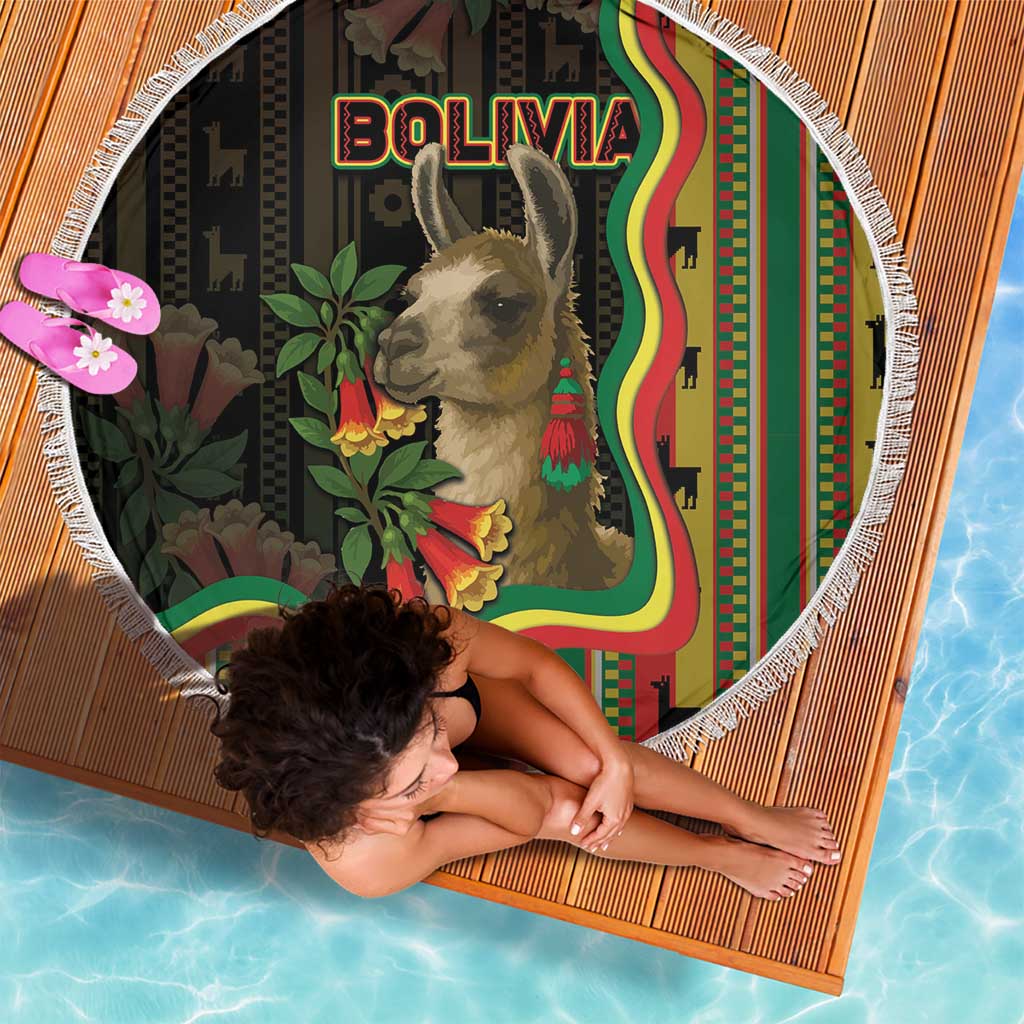 Bolivia Beach Blanket The Llama With Kantuta Over Andean Patterns - Wonder Print Shop
