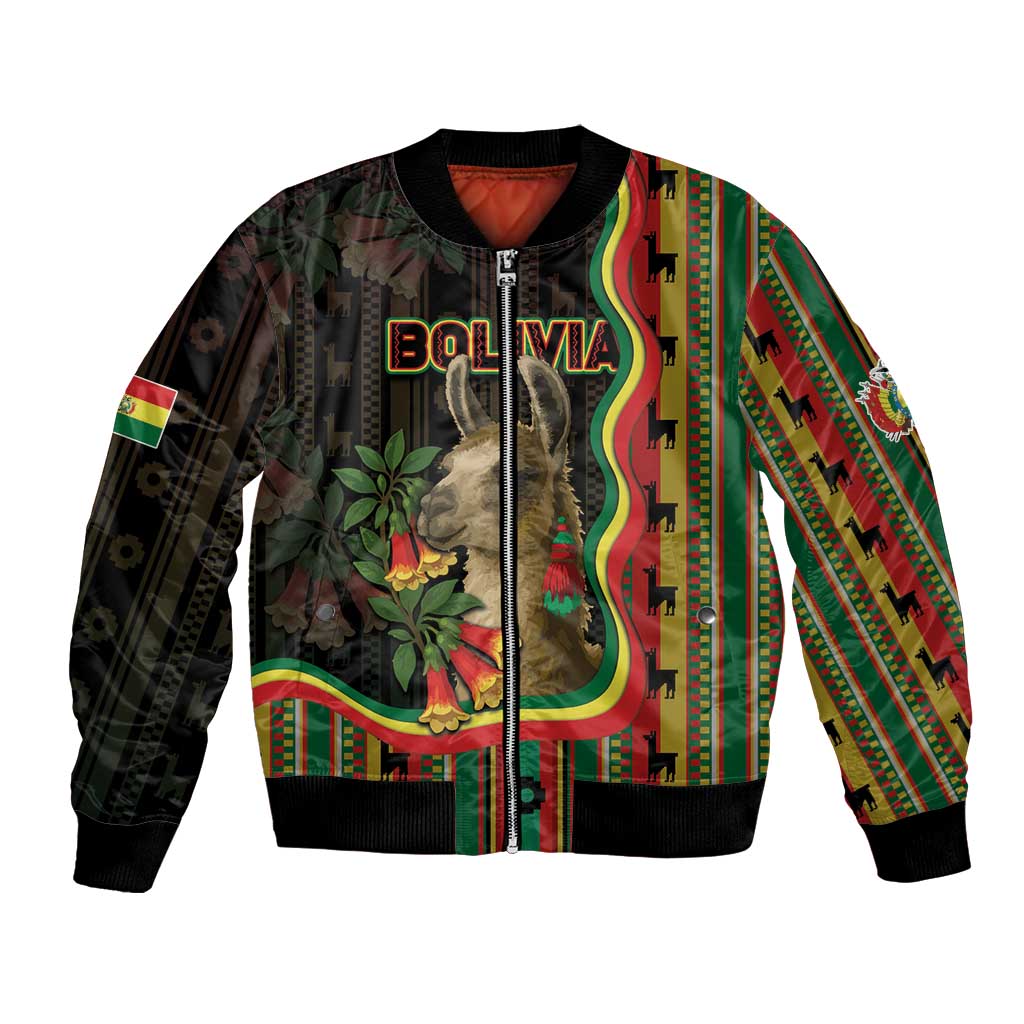 Bolivia Bomber Jacket The Llama With Kantuta Over Andean Patterns - Wonder Print Shop
