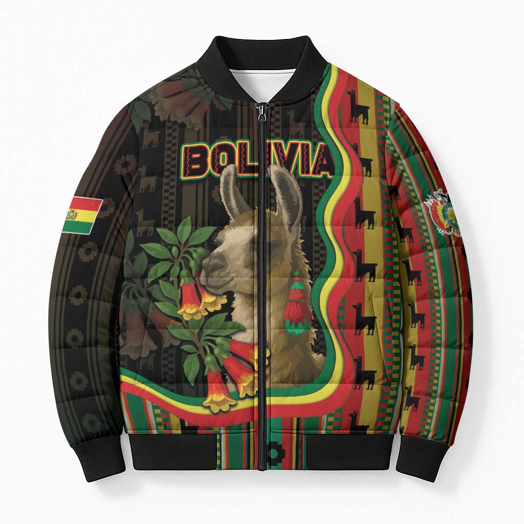 Bolivia Bomber Puffer Jacket The Llama With Kantuta Over Andean Patterns - Wonder Print Shop