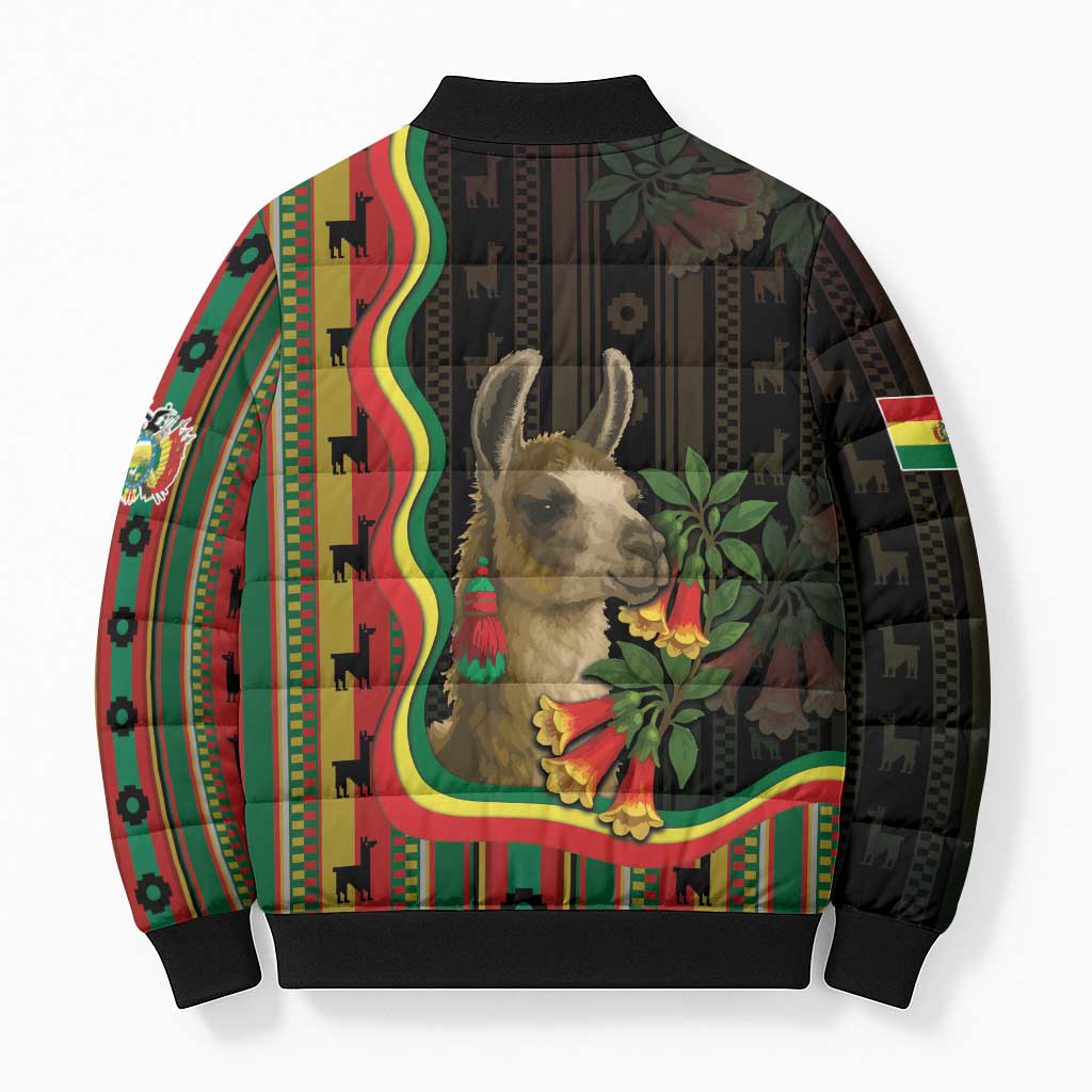 Bolivia Bomber Puffer Jacket The Llama With Kantuta Over Andean Patterns - Wonder Print Shop