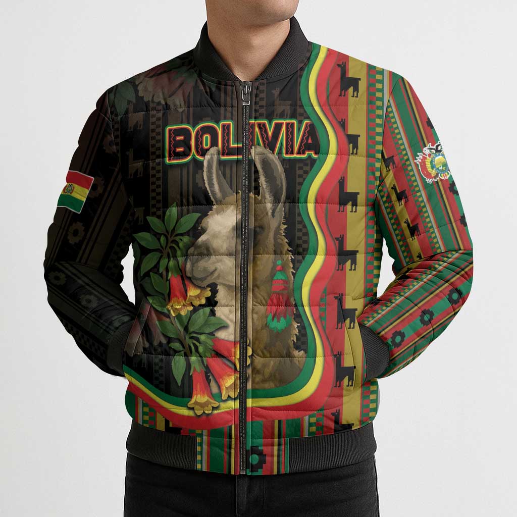 Bolivia Bomber Puffer Jacket The Llama With Kantuta Over Andean Patterns - Wonder Print Shop