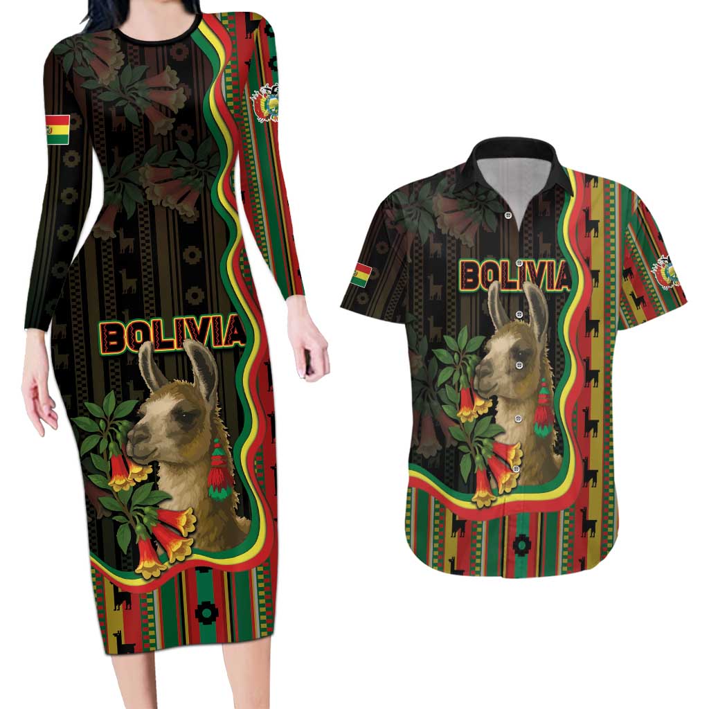 Bolivia Couples Matching Long Sleeve Bodycon Dress and Hawaiian Shirt The Llama With Kantuta Over Andean Patterns - Wonder Print Shop