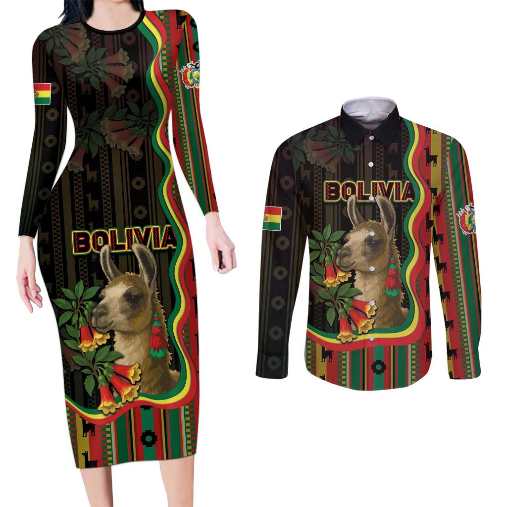 Bolivia Couples Matching Long Sleeve Bodycon Dress and Long Sleeve Button Shirt The Llama With Kantuta Over Andean Patterns - Wonder Print Shop