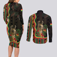 Bolivia Couples Matching Long Sleeve Bodycon Dress and Long Sleeve Button Shirt The Llama With Kantuta Over Andean Patterns - Wonder Print Shop