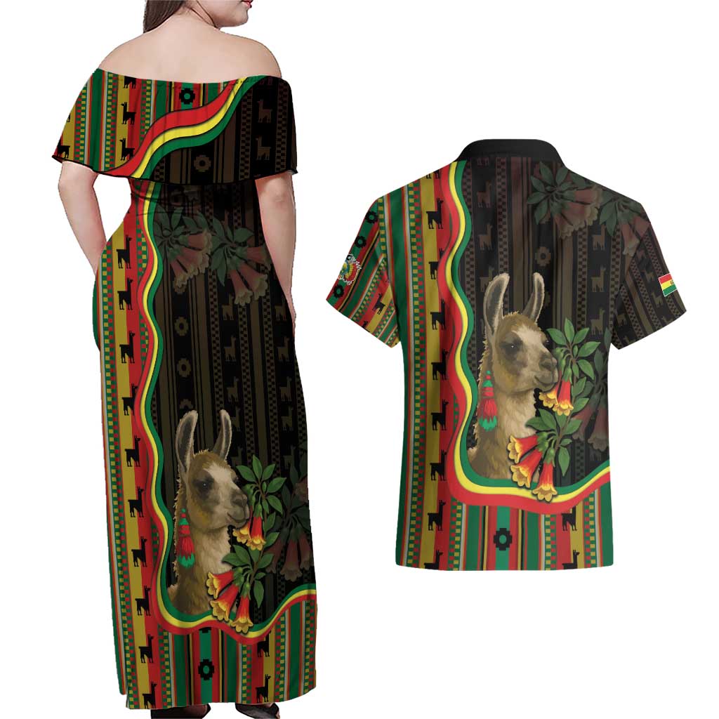 Bolivia Couples Matching Off Shoulder Maxi Dress and Hawaiian Shirt The Llama With Kantuta Over Andean Patterns - Wonder Print Shop