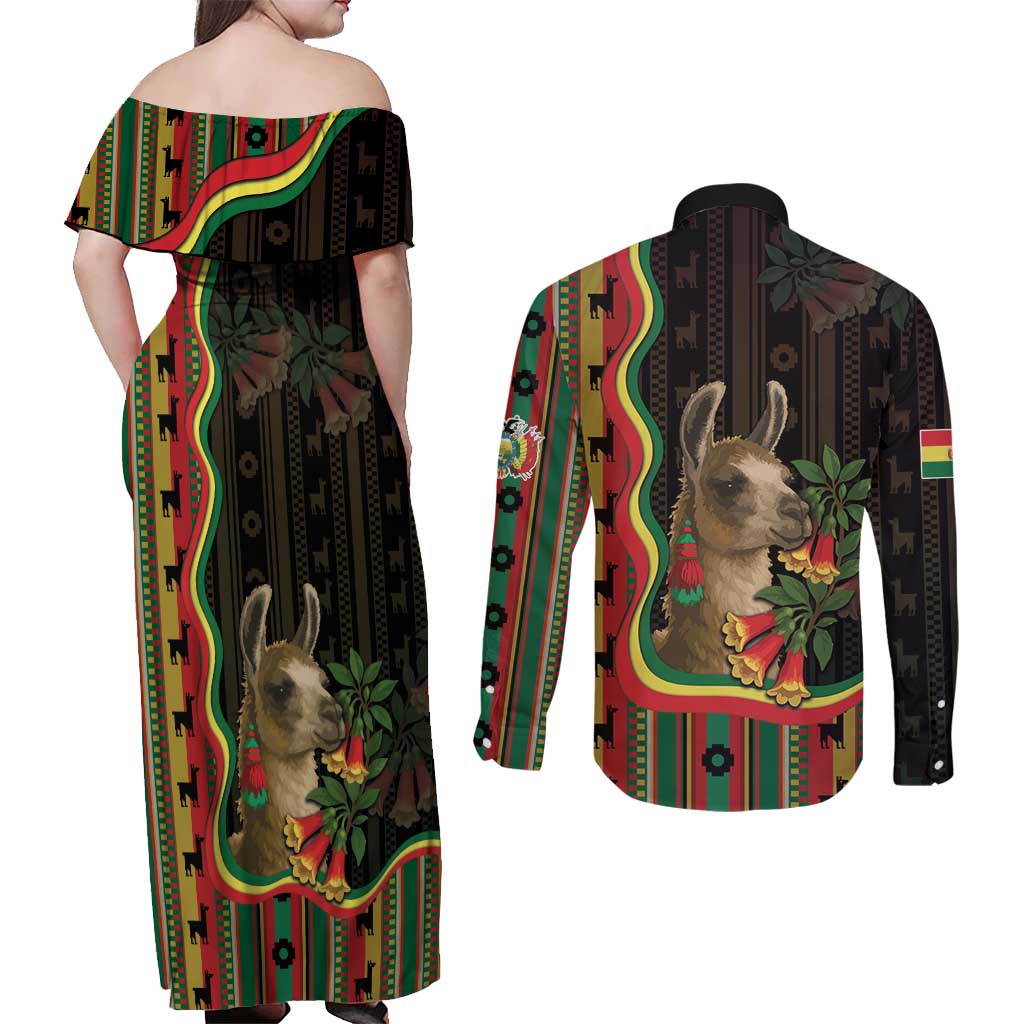 Bolivia Couples Matching Off Shoulder Maxi Dress and Long Sleeve Button Shirt The Llama With Kantuta Over Andean Patterns - Wonder Print Shop