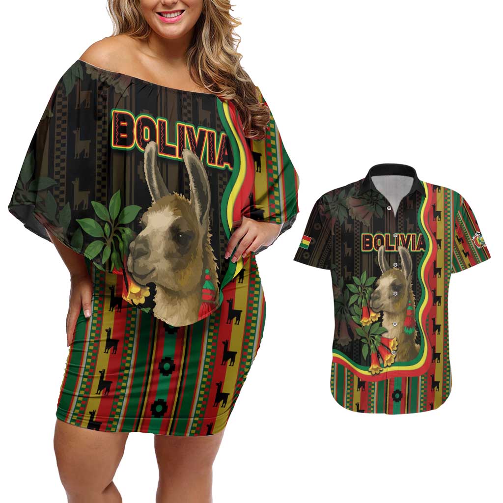 Bolivia Couples Matching Off Shoulder Short Dress and Hawaiian Shirt The Llama With Kantuta Over Andean Patterns - Wonder Print Shop