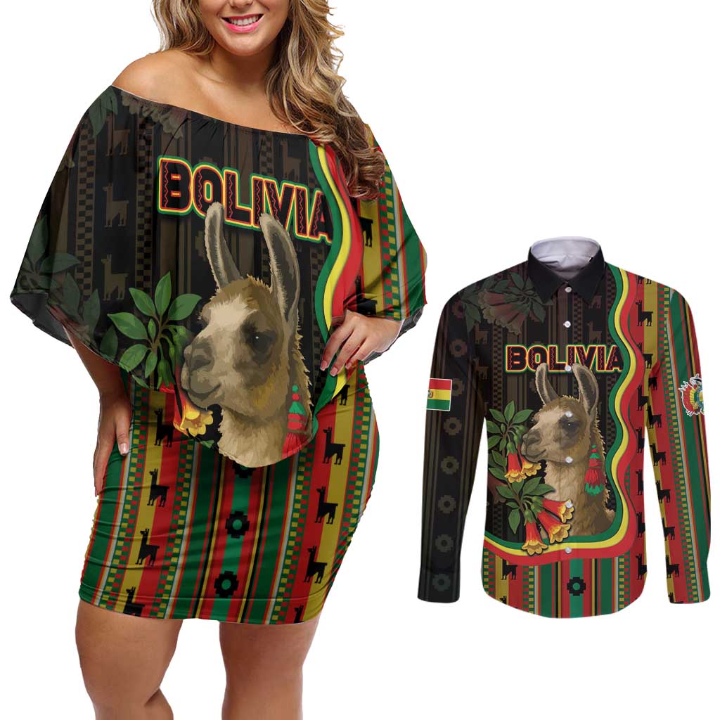 Bolivia Couples Matching Off Shoulder Short Dress and Long Sleeve Button Shirt The Llama With Kantuta Over Andean Patterns - Wonder Print Shop