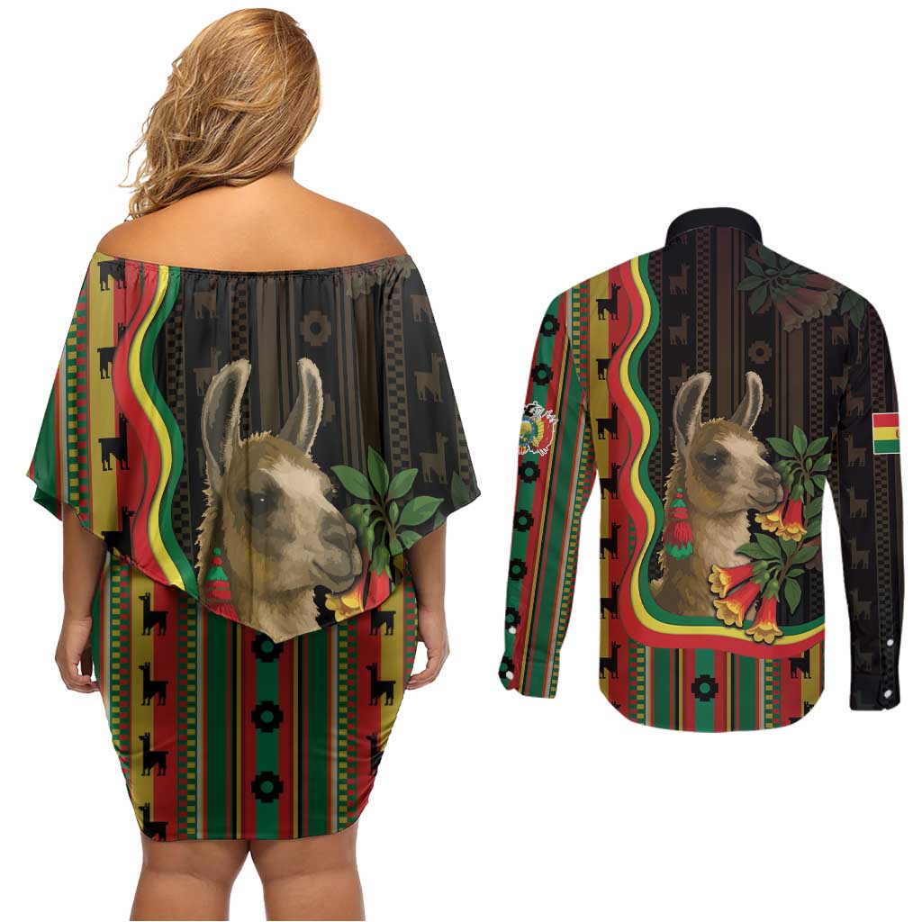 Bolivia Couples Matching Off Shoulder Short Dress and Long Sleeve Button Shirt The Llama With Kantuta Over Andean Patterns - Wonder Print Shop