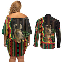 Bolivia Couples Matching Off Shoulder Short Dress and Long Sleeve Button Shirt The Llama With Kantuta Over Andean Patterns - Wonder Print Shop