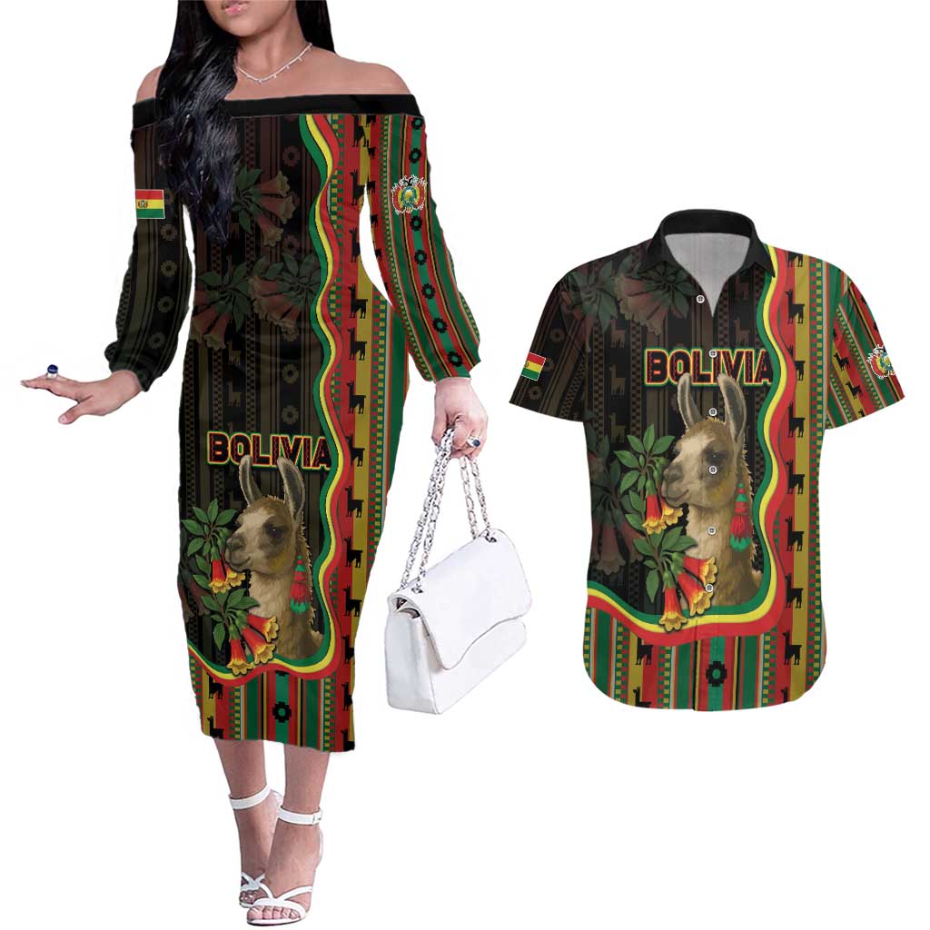 Bolivia Couples Matching Off The Shoulder Long Sleeve Dress and Hawaiian Shirt The Llama With Kantuta Over Andean Patterns - Wonder Print Shop