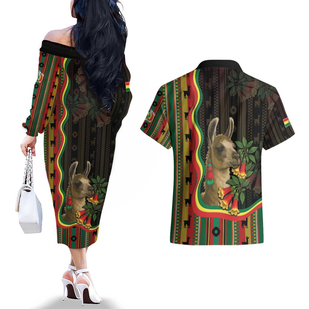 Bolivia Couples Matching Off The Shoulder Long Sleeve Dress and Hawaiian Shirt The Llama With Kantuta Over Andean Patterns - Wonder Print Shop