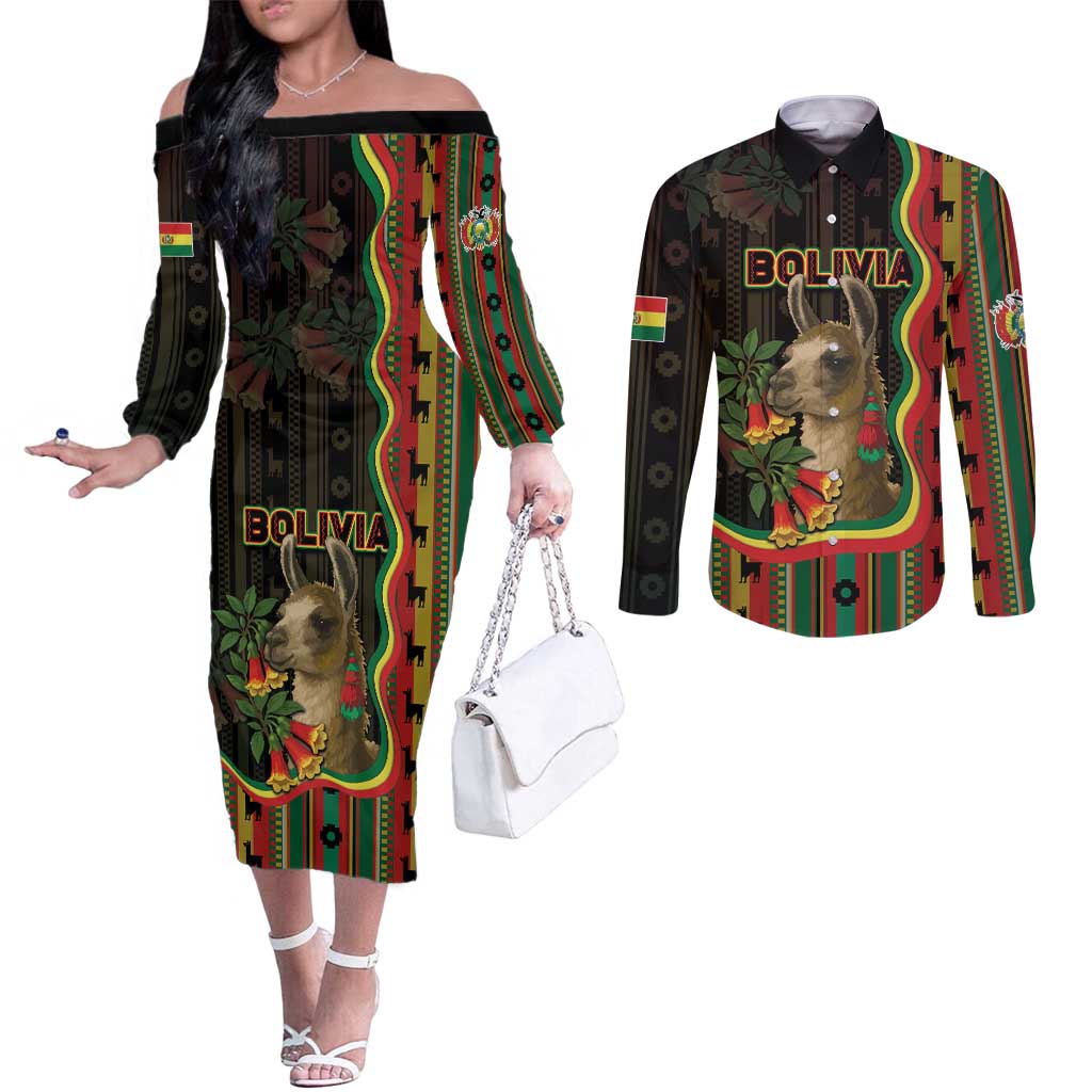 Bolivia Couples Matching Off The Shoulder Long Sleeve Dress and Long Sleeve Button Shirt The Llama With Kantuta Over Andean Patterns - Wonder Print Shop