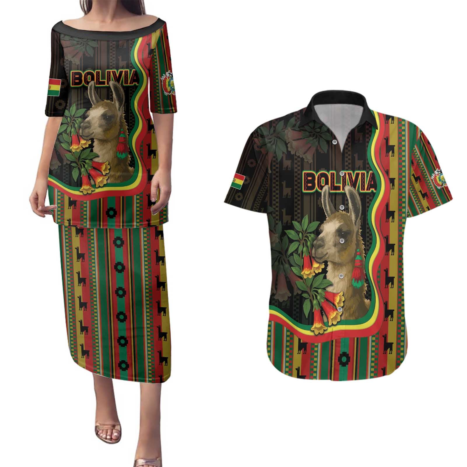 Bolivia Couples Matching Puletasi and Hawaiian Shirt The Llama With Kantuta Over Andean Patterns - Wonder Print Shop