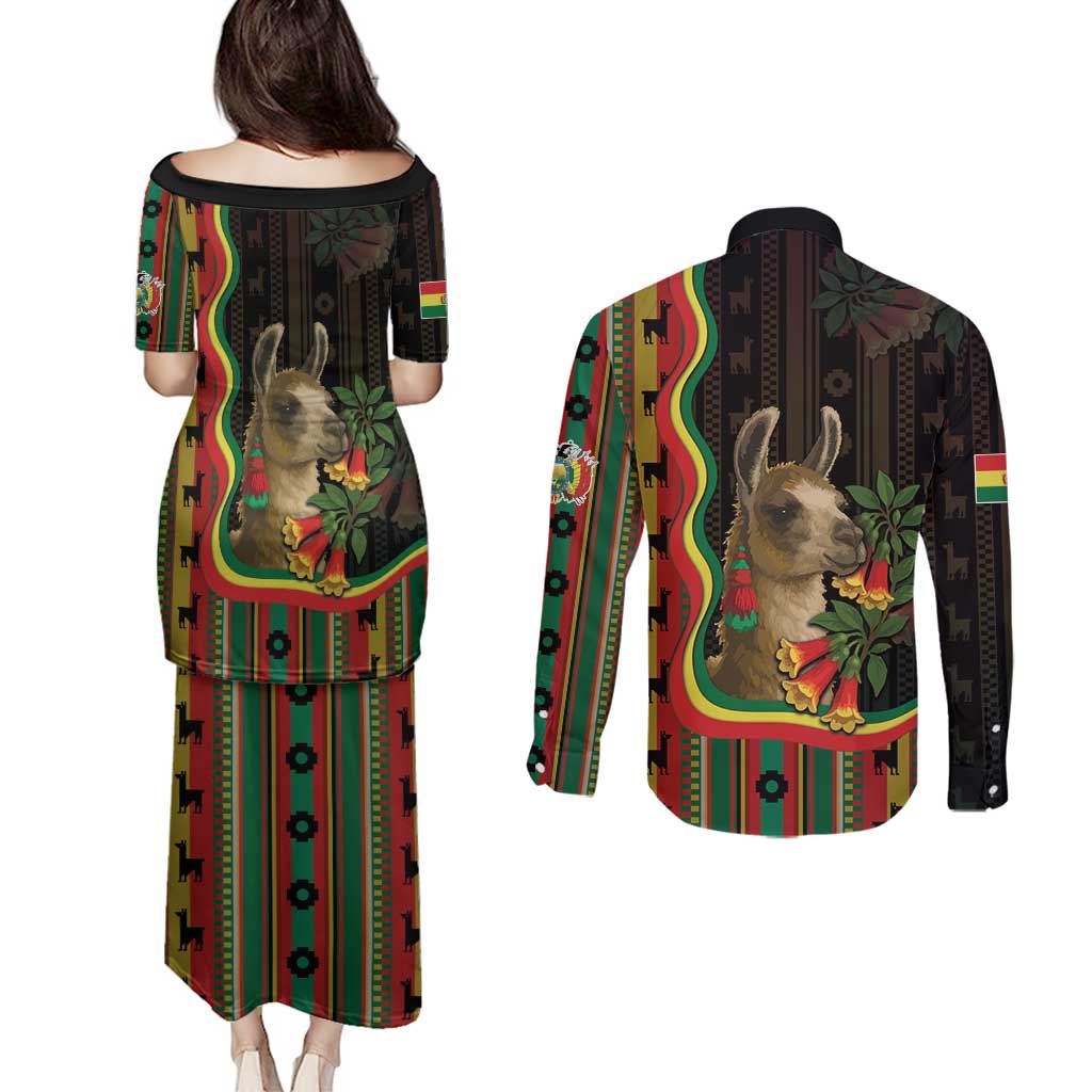 Bolivia Couples Matching Puletasi and Long Sleeve Button Shirt The Llama With Kantuta Over Andean Patterns - Wonder Print Shop