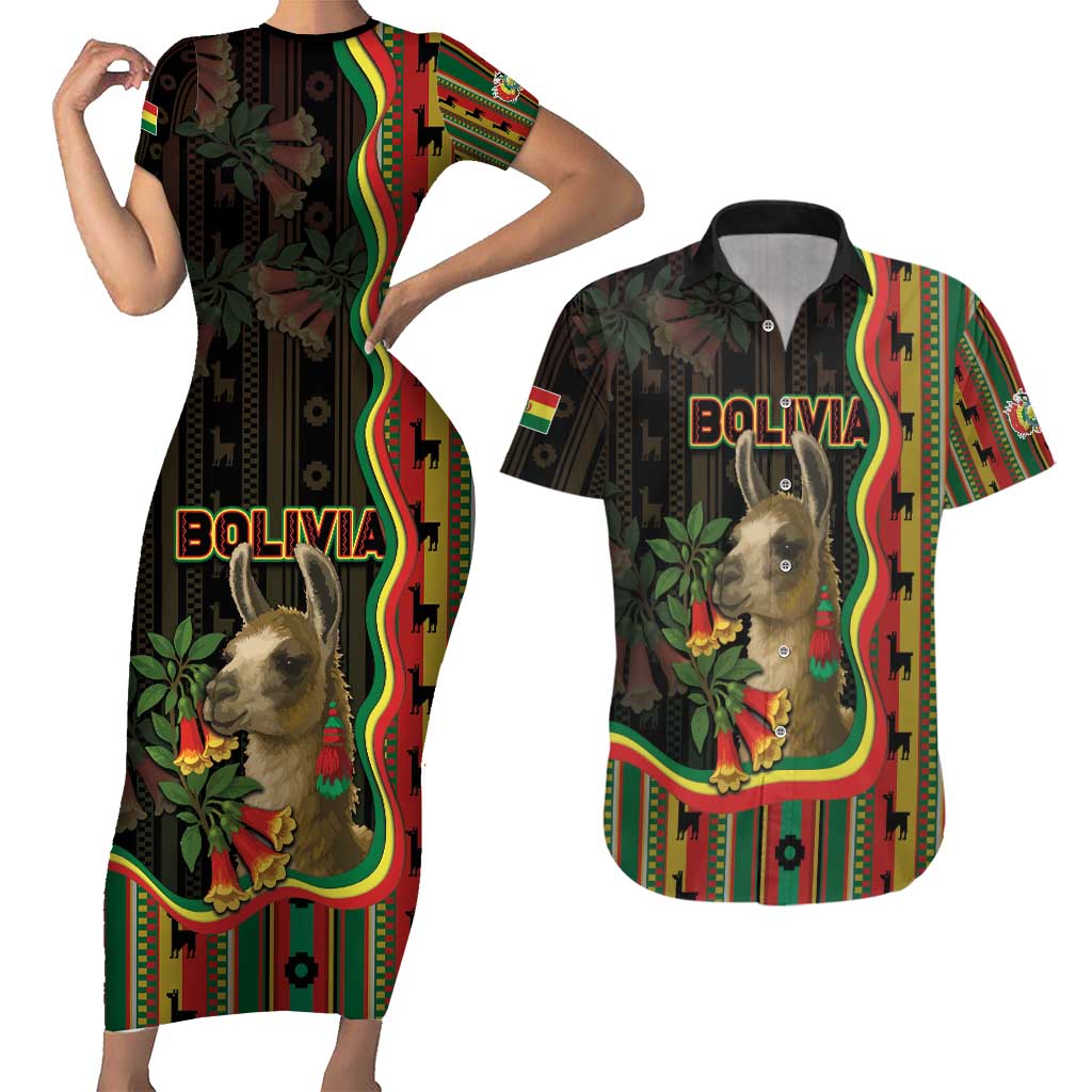 Bolivia Couples Matching Short Sleeve Bodycon Dress and Hawaiian Shirt The Llama With Kantuta Over Andean Patterns - Wonder Print Shop