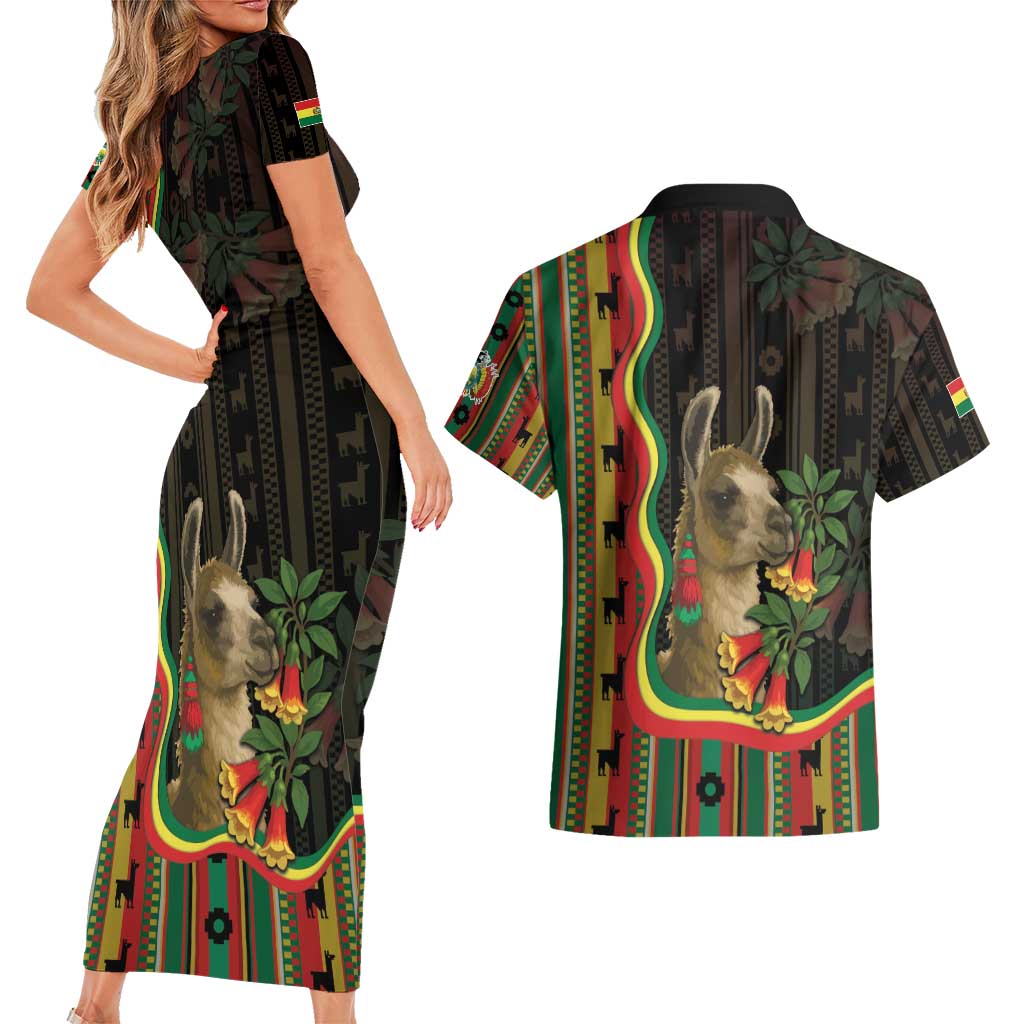 Bolivia Couples Matching Short Sleeve Bodycon Dress and Hawaiian Shirt The Llama With Kantuta Over Andean Patterns - Wonder Print Shop