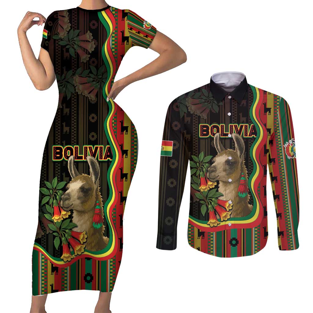 Bolivia Couples Matching Short Sleeve Bodycon Dress and Long Sleeve Button Shirt The Llama With Kantuta Over Andean Patterns - Wonder Print Shop