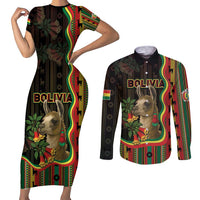 Bolivia Couples Matching Short Sleeve Bodycon Dress and Long Sleeve Button Shirt The Llama With Kantuta Over Andean Patterns - Wonder Print Shop