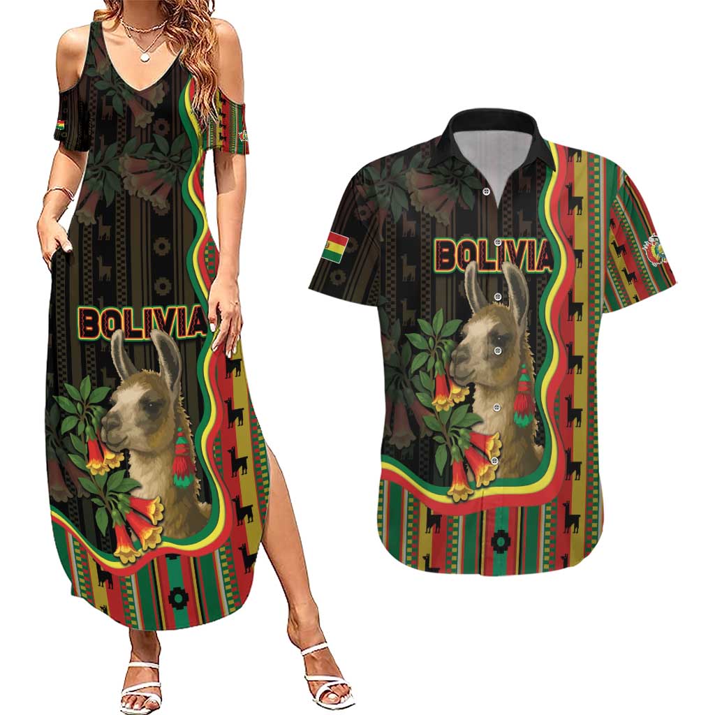 Bolivia Couples Matching Summer Maxi Dress and Hawaiian Shirt The Llama With Kantuta Over Andean Patterns - Wonder Print Shop