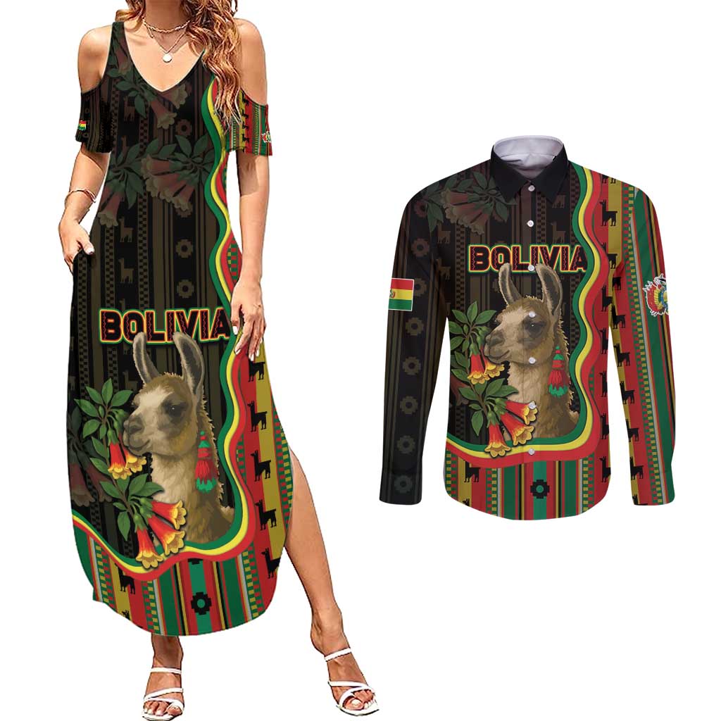 Bolivia Couples Matching Summer Maxi Dress and Long Sleeve Button Shirt The Llama With Kantuta Over Andean Patterns - Wonder Print Shop