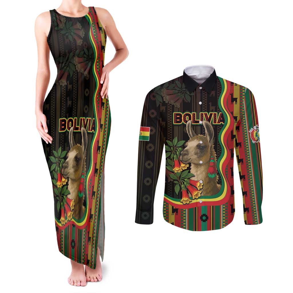 Bolivia Couples Matching Tank Maxi Dress and Long Sleeve Button Shirt The Llama With Kantuta Over Andean Patterns - Wonder Print Shop