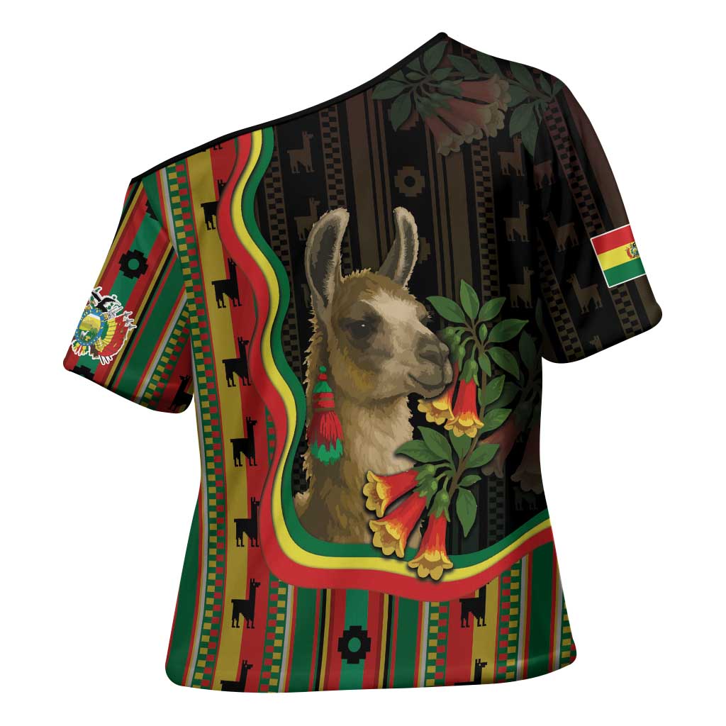 Bolivia Cross Shoulder Shirt The Llama With Kantuta Over Andean Patterns - Wonder Print Shop