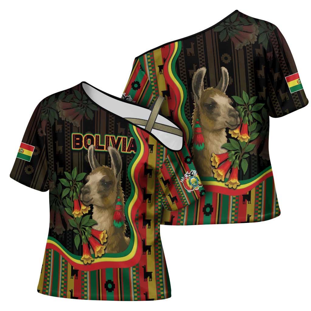 Bolivia Cross Shoulder Shirt The Llama With Kantuta Over Andean Patterns - Wonder Print Shop