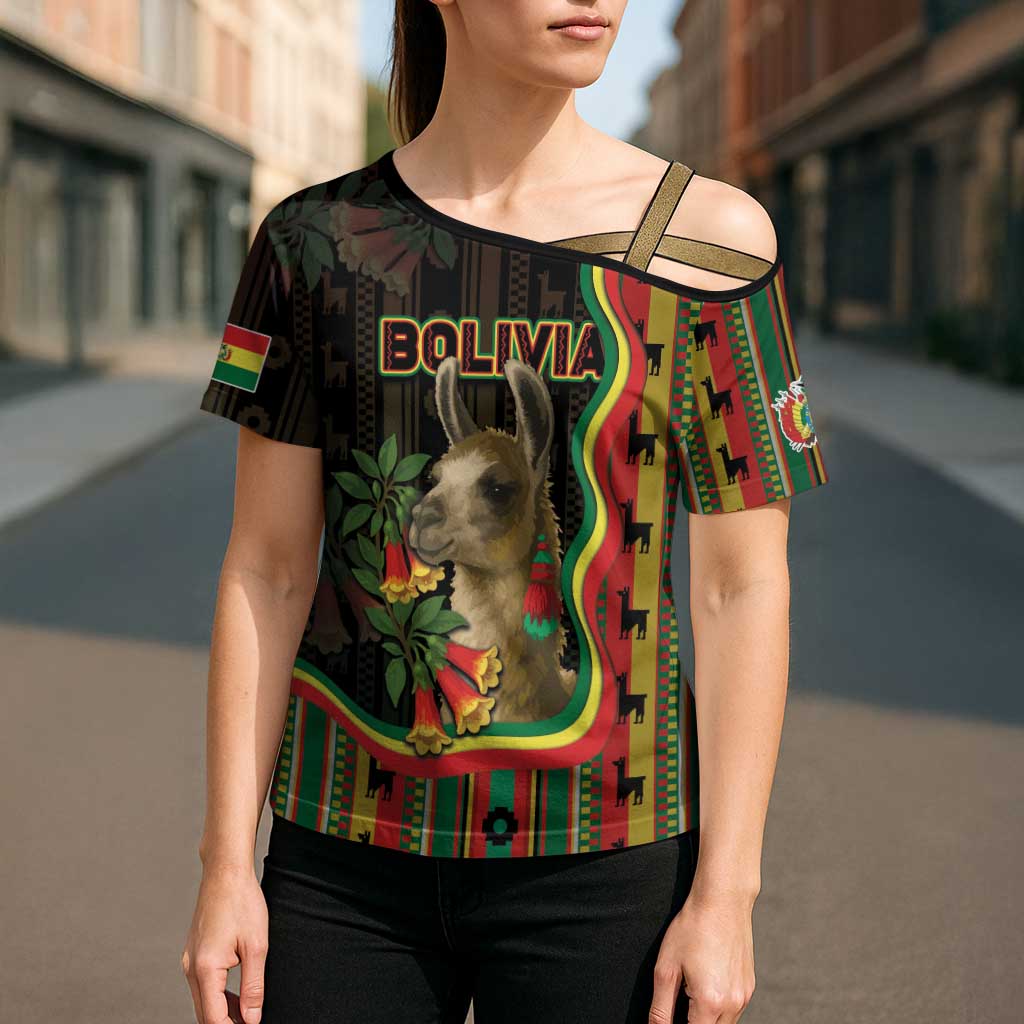 Bolivia Cross Shoulder Shirt The Llama With Kantuta Over Andean Patterns - Wonder Print Shop