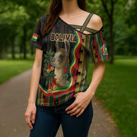 Bolivia Cross Shoulder Shirt The Llama With Kantuta Over Andean Patterns - Wonder Print Shop