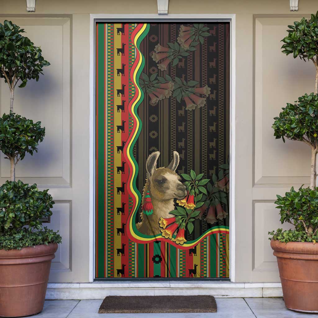 Bolivia Door Cover The Llama With Kantuta Over Andean Patterns - Wonder Print Shop